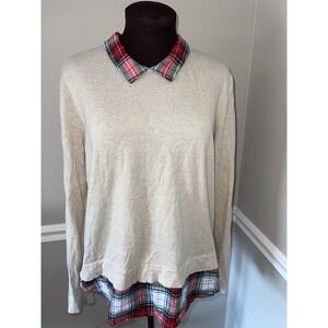 J Crew Woven‎ Collar Sweater Tan Plaid Red Green Blue Womens XL